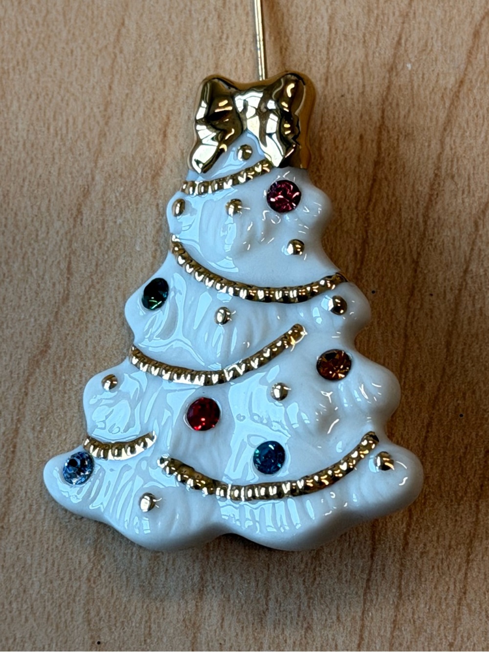 Lenox Gold & White Enamel Christmas Tree Brooch with Multicolor Rhinestones